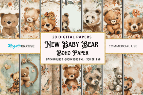 Download New Baby Bear Boho Digital Paper Bundle - Boho Collection