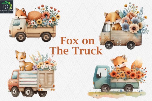 Download Cute Kawaii Fox on the Truck Watercolor - Kawaii fox Collection